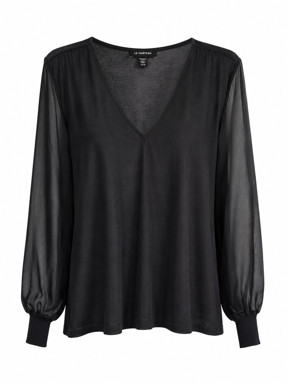 le chateau Sheer-Sleeve Black V-Neck Top Size XL